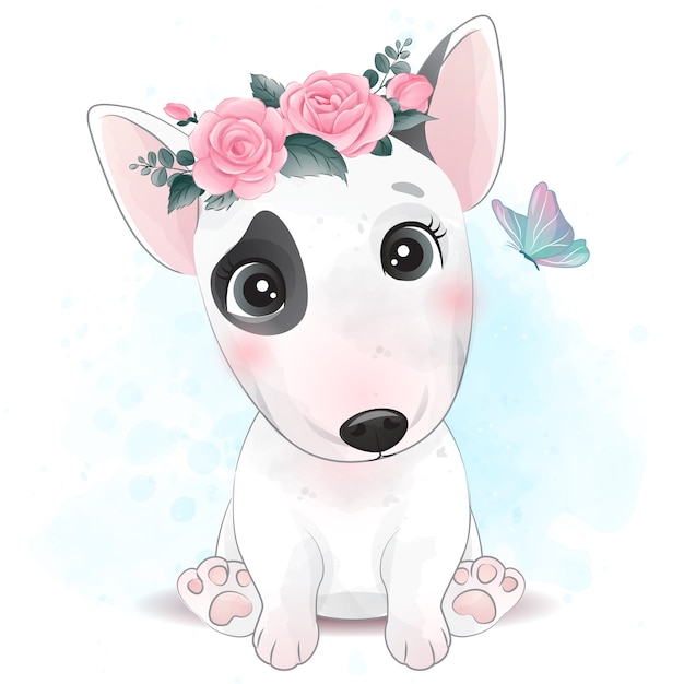 花のイラストがかわいい犬 プレミアムベクター