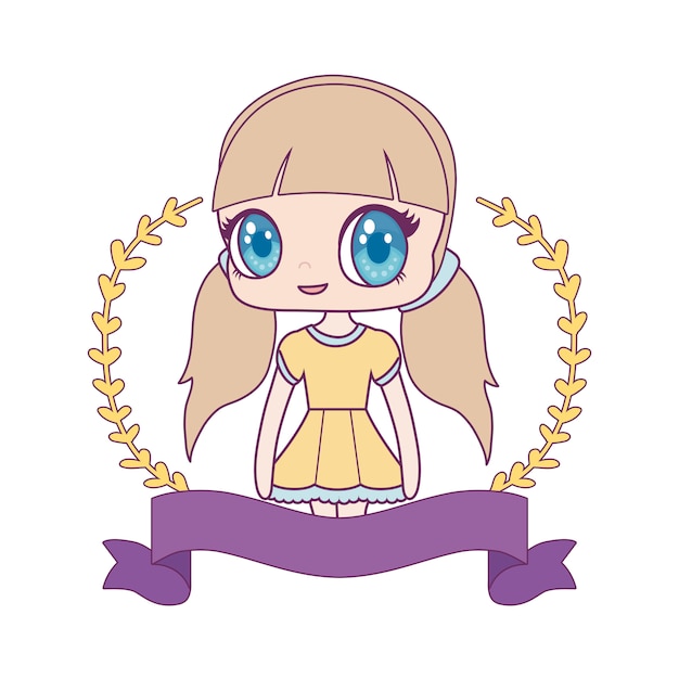 Premium Vector | Cute little doll with ribbon and branches of leafs