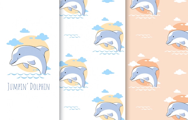 Premium Vector Cute Little Dolphin Illustration Card And Seamless Pattern