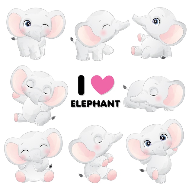 Download Cute little elephant poses with watercolor illustration ...