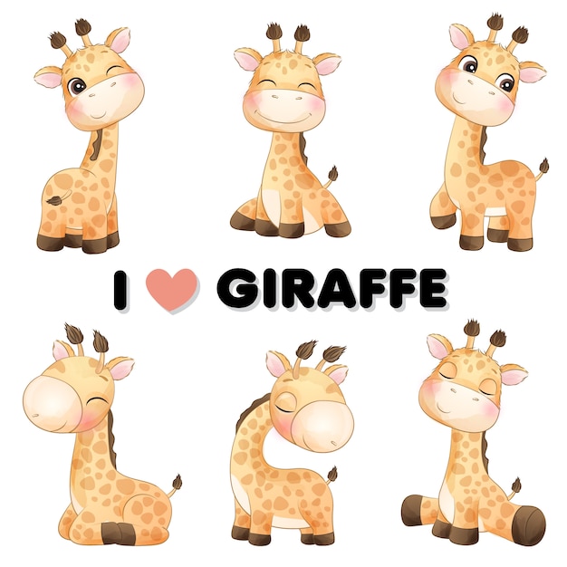 Download Cute little giraffe poses with watercolor illustration | Premium Vector