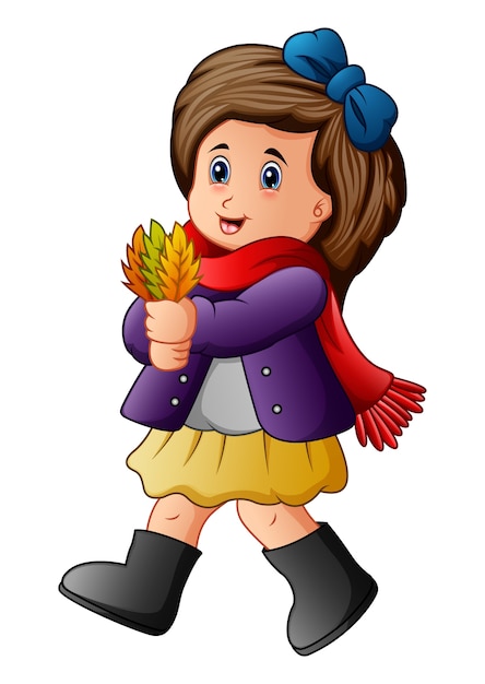 Cute little girl holding autumn leaves | Premium Vector