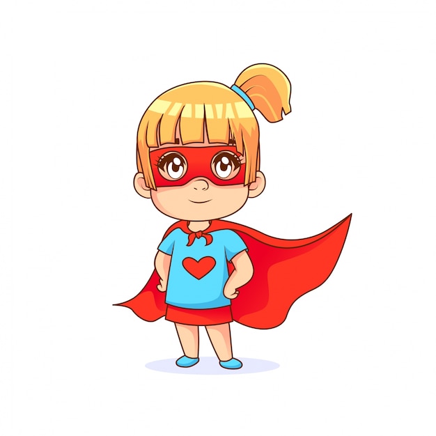 スーパーヒーローポーズでかわいい女の子 白い背景と赤い岬 プレミアムベクター