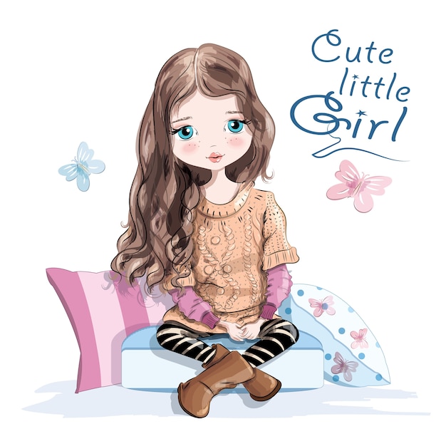 Cute little girl in knitted sweater and skirt sitting on soft pillows Premium Vector