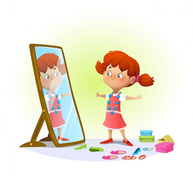 Premium Vector | Cute little girl looking in the mirror