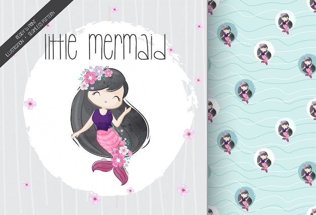 Cute little girl mermaid with seamless pattern Premium Vector