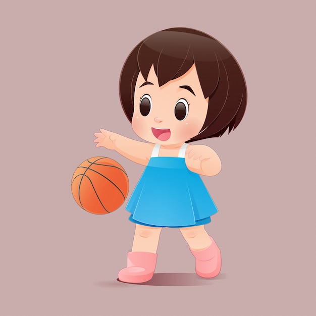 ピンクの背景でバスケットボールをしているかわいい女の子 バスケットボールをバウンスする青いドレスの少女 フラットキャライラスト プレミアムベクター