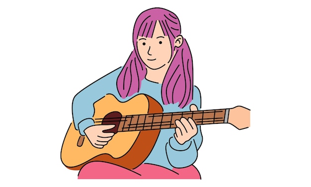 幸せな表情でギター楽器を弾くかわいい女の子 プレミアムベクター