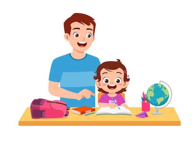 Premium Vector | Cute little girl study with father at home together