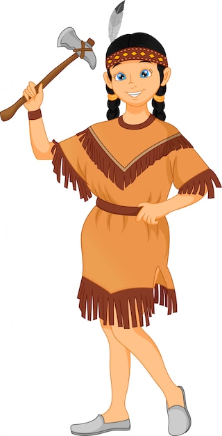 ネイティブアメリカンインディアンの衣装を着てかわいい女の子 プレミアムベクター