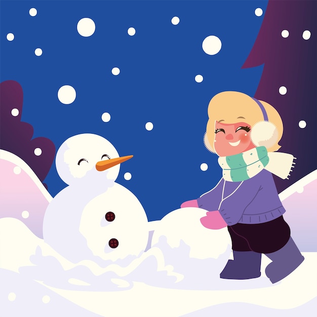 Premium Vector | Cute little girl with snowball making snowman in ...