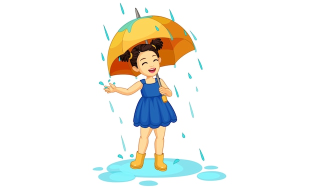 プレミアムベクター 雨を楽しんでいる傘でかわいい女の子の美しいイラスト