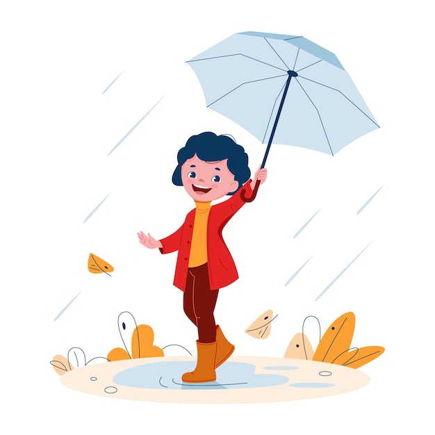 Premium Vector | Cute little girl with an umbrella in rubber boots in ...