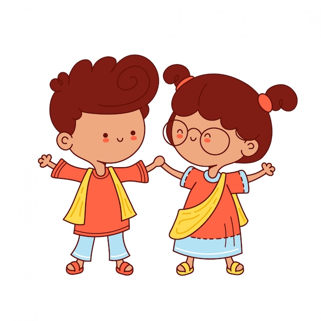 プレミアムベクター かわいい小さなインドの子供たちのキャラクター フラットライン漫画キャライラスト 白い背景で隔離