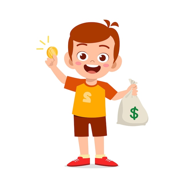 Cute little kid boy carry bag of cash and coin Premium Vector