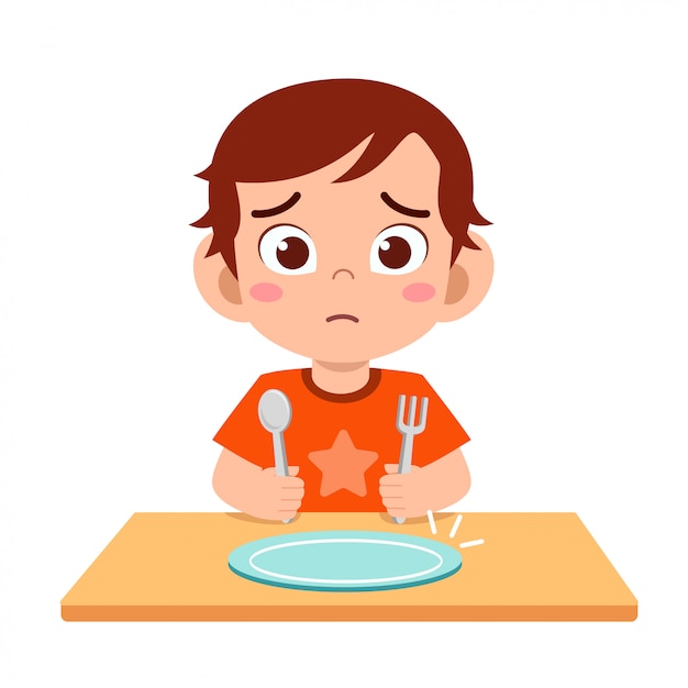 Cute little kid boy feel hungry want to eat Premium Vector