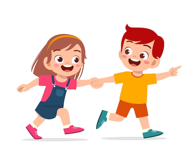 Premium Vector Cute Little Kid Boy And Girl Holding Hand And Walking Together