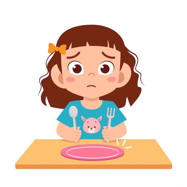 Cute little kid girl feel hungry want to eat Premium Vector