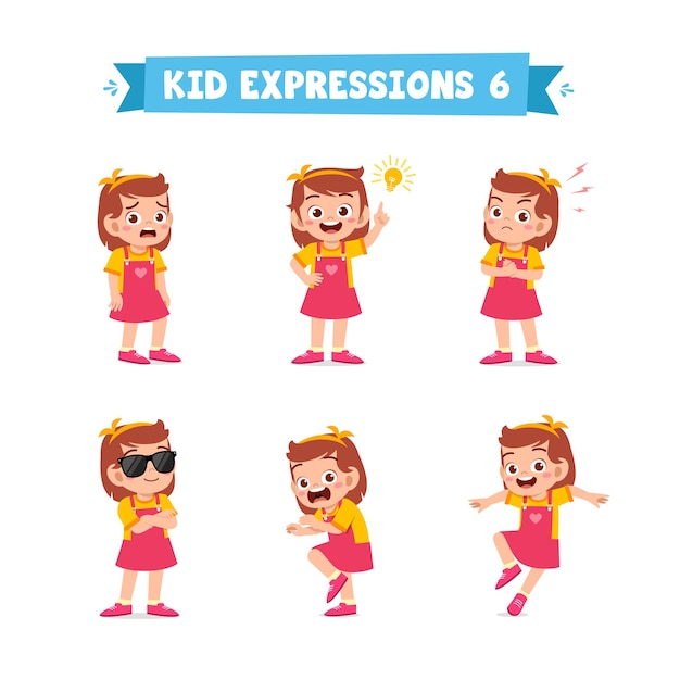 Cute little kid girl in various expressions and gesture set Premium Vector
