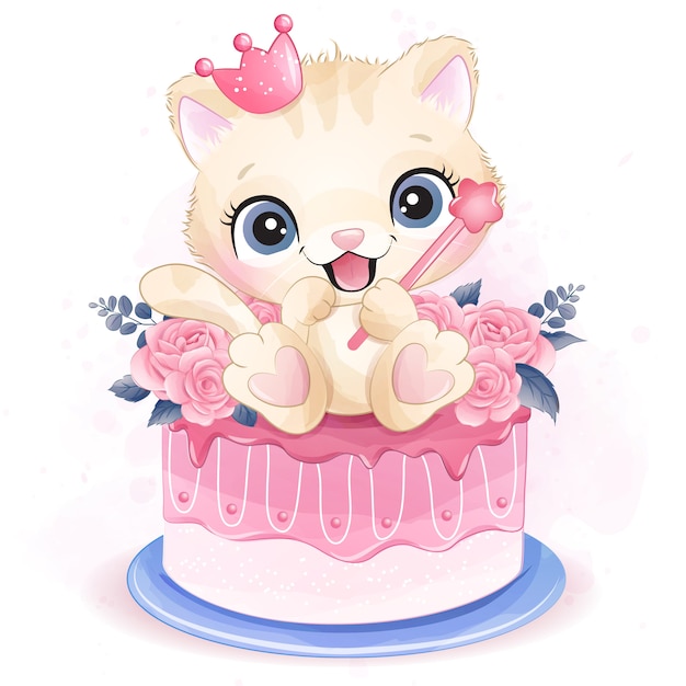 バラのケーキのイラストに座っているかわいい子猫 プレミアムベクター