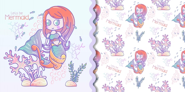 Cute little mermaid and marine life cartoon with seamless pattern set Premium Vector