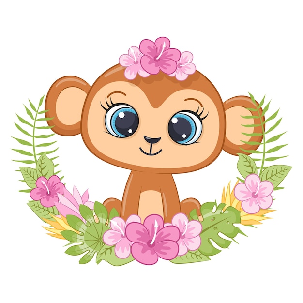 Premium Vector | Cute little monkey with wreath of hawaii flowers cartoon