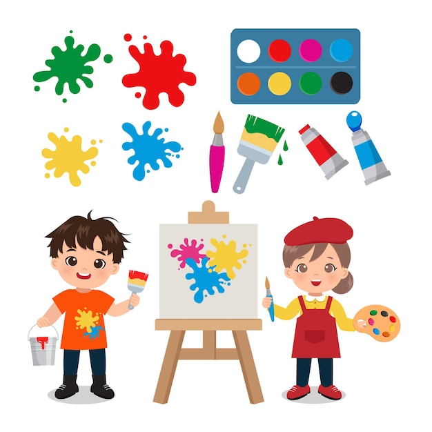 Premium Vector | Cute little painter boy and girl clipart set