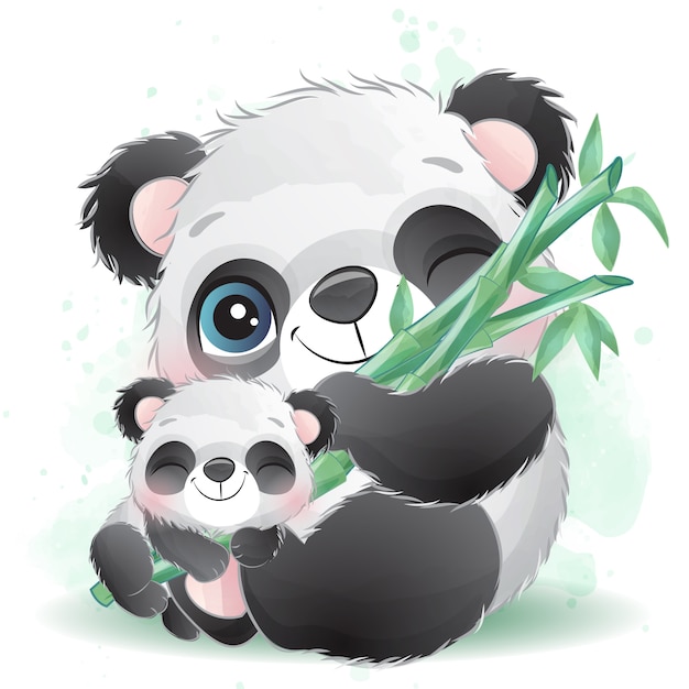 Premium Vector | Cute little panda father and baby