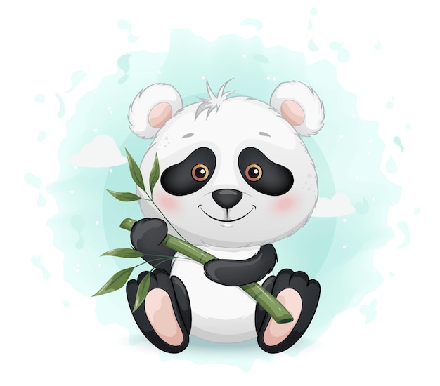 Premium Vector | Cute little panda holding bamboo