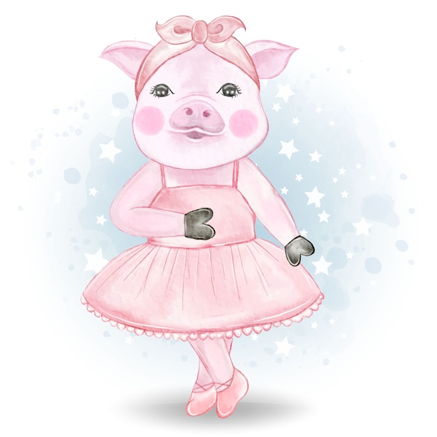 かわいい子豚バレリーナ水彩イラスト プレミアムベクター