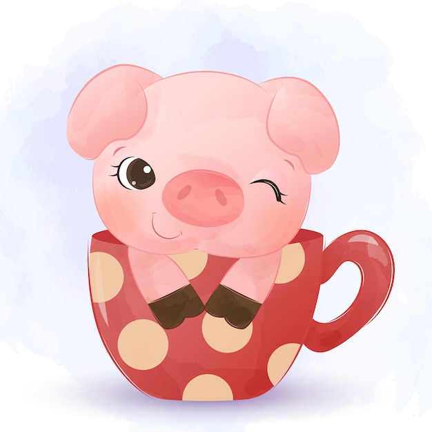 Premium Vector | Cute little pig in a cup watercolor