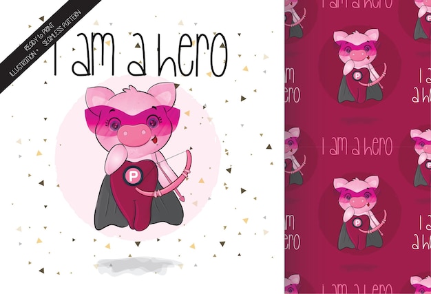 ピンクの矢印が付いたかわいい子豚のヒーローキャラクター プレミアムベクター