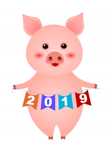 かわいい 小さな 豚 新年 花輪 イラスト 無料のベクター