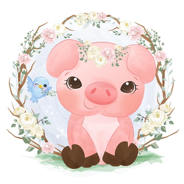 水彩でかわいい子豚のイラスト プレミアムベクター
