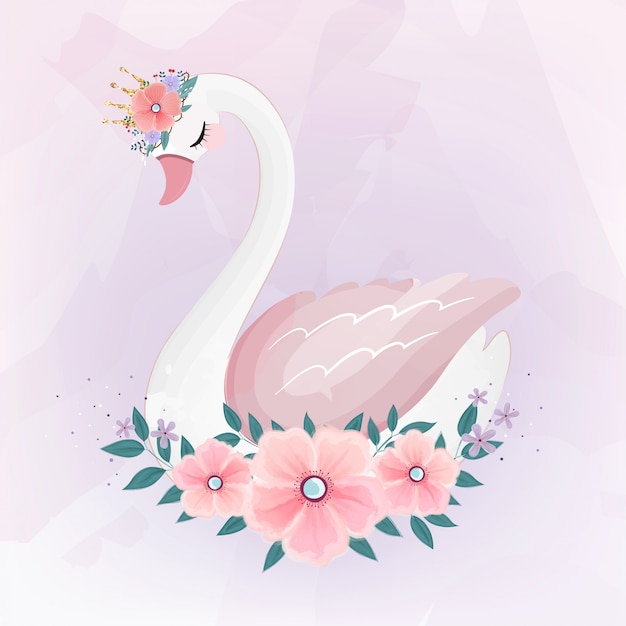 Premium Vector | Cute little princess swan with flower bouquet.