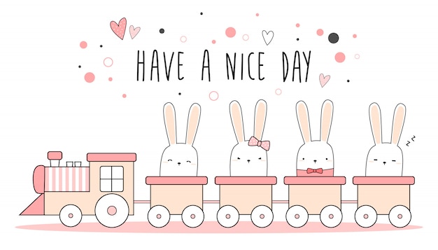 電車の中でかわいいウサギのウサギのパステルカラーの壁紙 プレミアムベクター