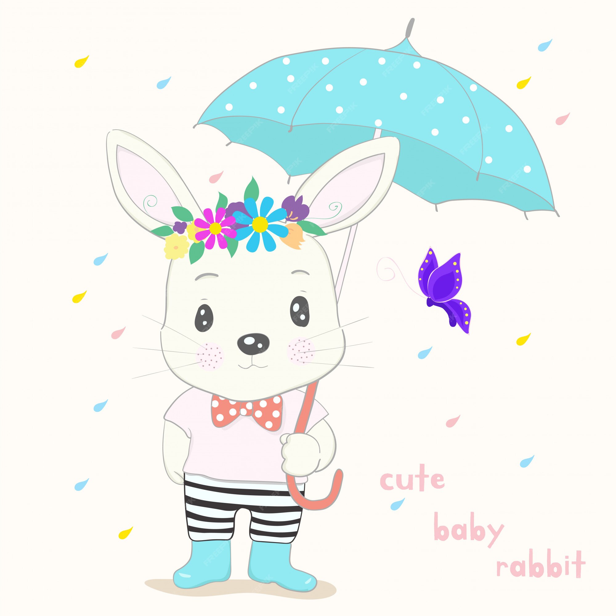 Premium Vector | Cute little rabbit cartoon hold umbrella in hand on a ...