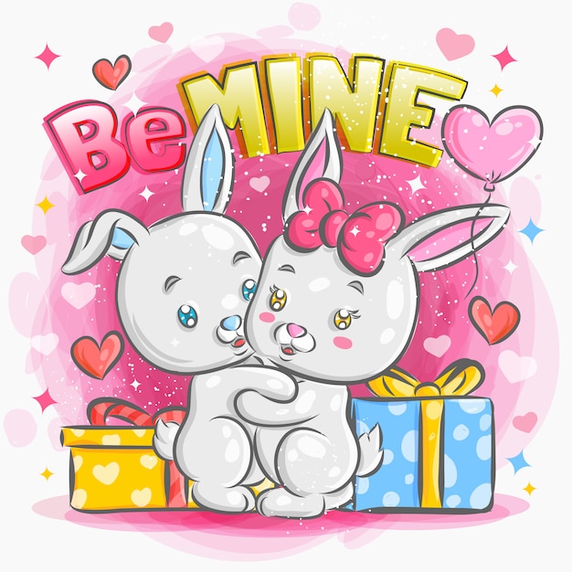 プレミアムベクター バレンタインのイラストで恋に感じているかわいいウサギのカップル