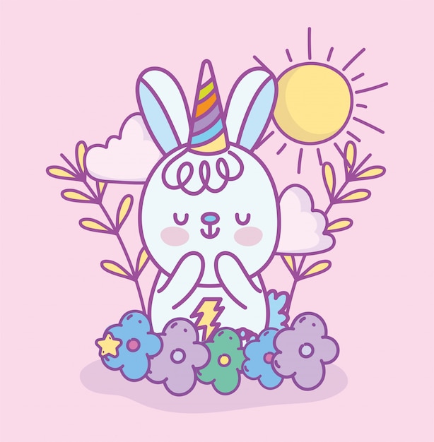 パーティー帽子虹花太陽雲漫画イラストとかわいいウサギ プレミアムベクター
