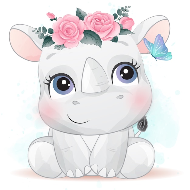 Download Cute little rhino with watercolor effect | Premium Vector