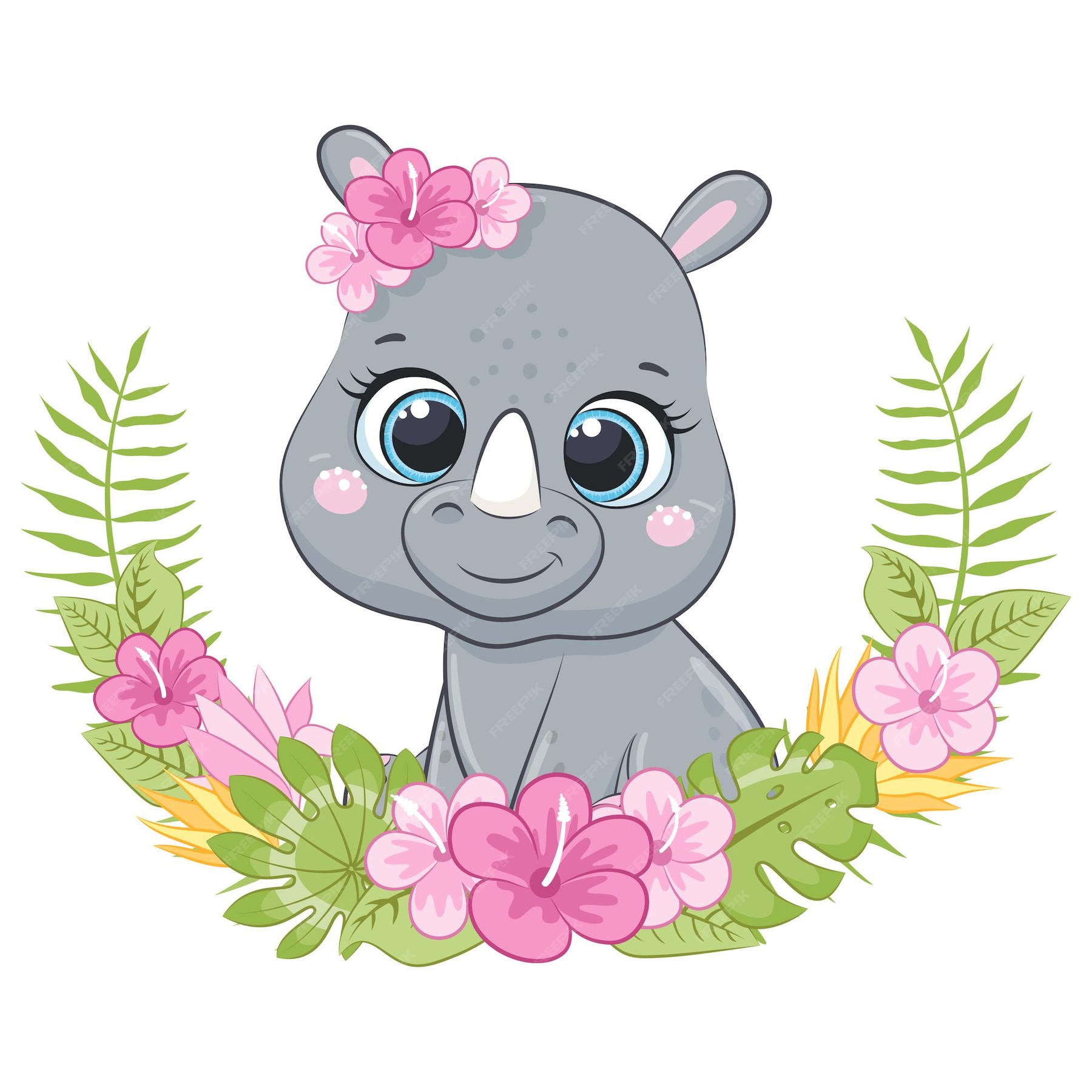 Premium Vector | Cute little rhino with wreath of hawaii flowers