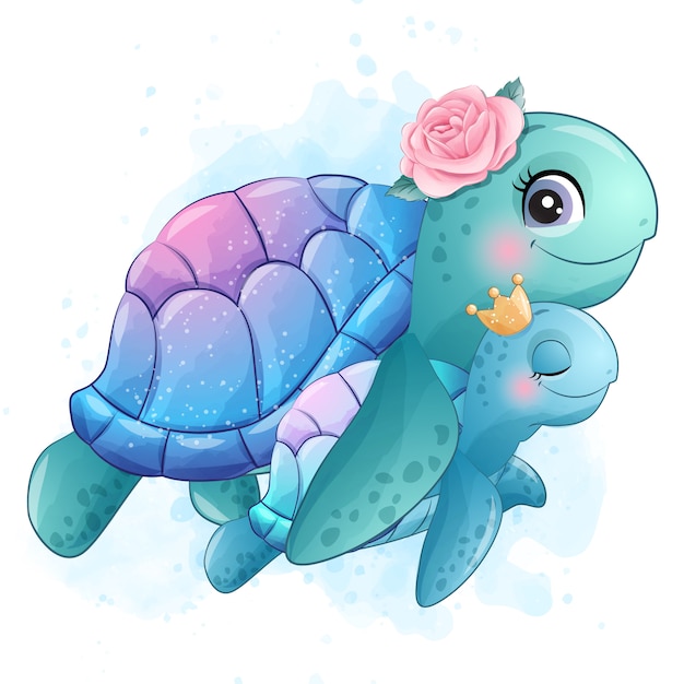 Premium Vector Cute Little Sea Turtle Mother And Baby Illustration