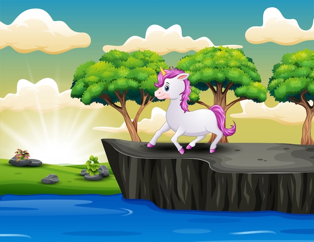 unicorn on a cliff overlooking waterfall background