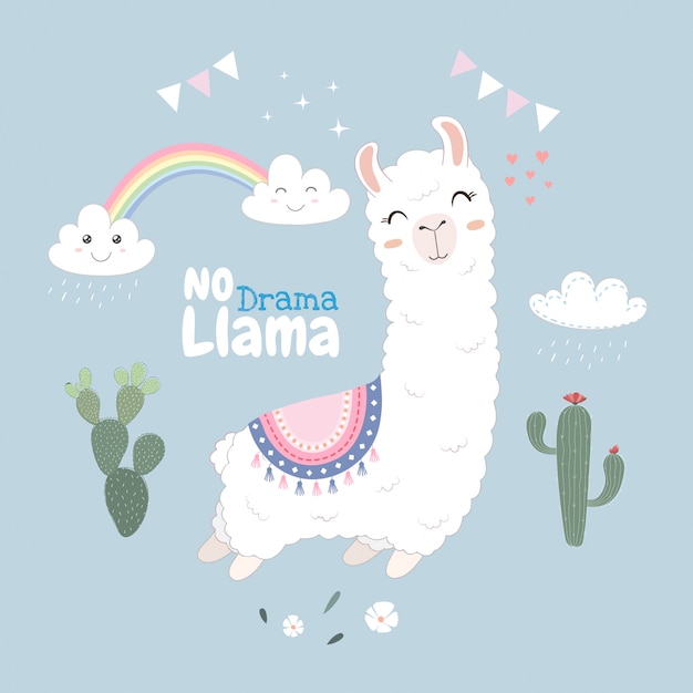 Cute llama design floating in the sky. Premium Vector