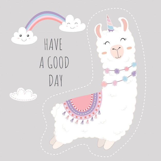 Cute llama design floating in the sky. Premium Vector
