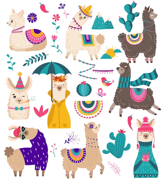 Cute llama, funny alpaca cartoon characters illustration Premium Vector