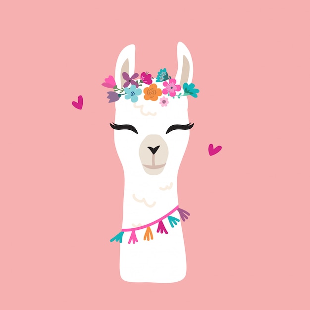 Cute llama graphic with flower wreath Vector | Premium 