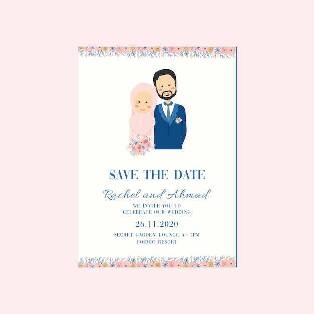 Cute Lovely Muslim Couple Portrait Wedding Invitation With Flower