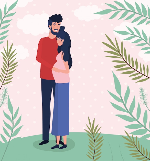 Cute lovers couple pregnancy characters in the landscape Free Vector