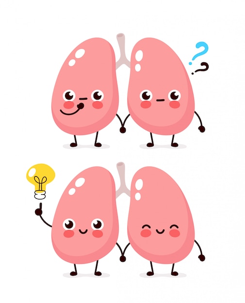 疑問符と電球文字でかわいい肺 フラット漫画キャライラストアイコン 白で隔離 肺にはアイデアがある プレミアムベクター